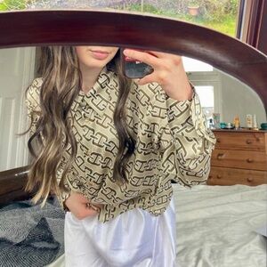 Zara Gold Brown Chain Link‎ Printed Button Down Sz M